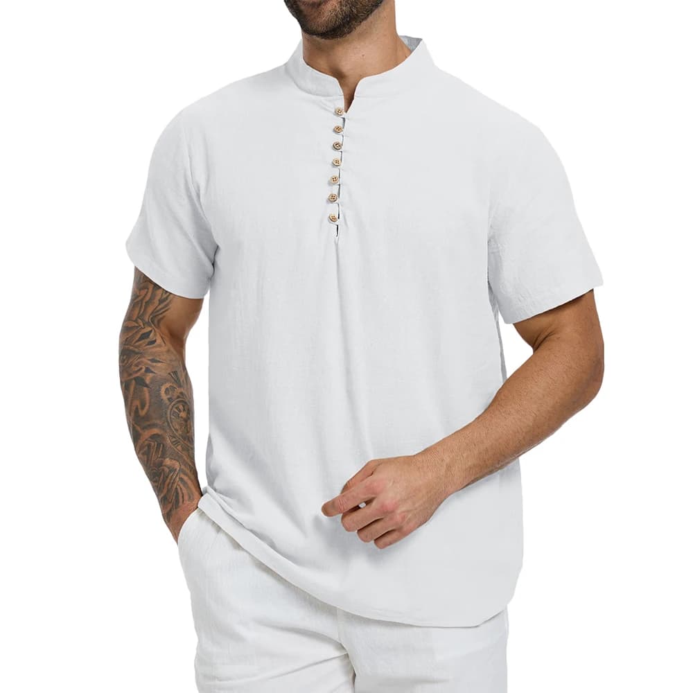 Summer Men's T-shirt Solid Color Half Button Henley Neck Casual Short Sleeve Tops Cotton Linen Cozy Lightweight Classic Tees