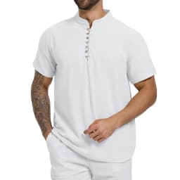 Summer Men's T-shirt Solid Color Half Button Henley Neck Casual Short Sleeve Tops Cotton Linen Cozy Lightweight Classic Tees