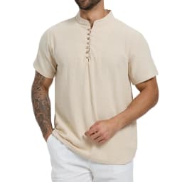 Summer Men's T-shirt Solid Color Half Button Henley Neck Casual Short Sleeve Tops Cotton Linen Cozy Lightweight Classic Tees