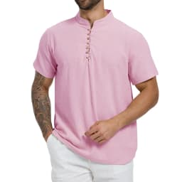 Summer Men's T-shirt Solid Color Half Button Henley Neck Casual Short Sleeve Tops Cotton Linen Cozy Lightweight Classic Tees