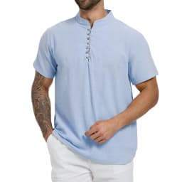 Summer Men's T-shirt Solid Color Half Button Henley Neck Casual Short Sleeve Tops Cotton Linen Cozy Lightweight Classic Tees
