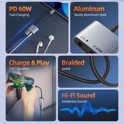 CABLETIME USB Type C Adapter USB C Headphone Charger 2-in-1 PD 60W USB C to 3.5 mm jack Adapter Hi-Fi for IPhone Xiaomi
