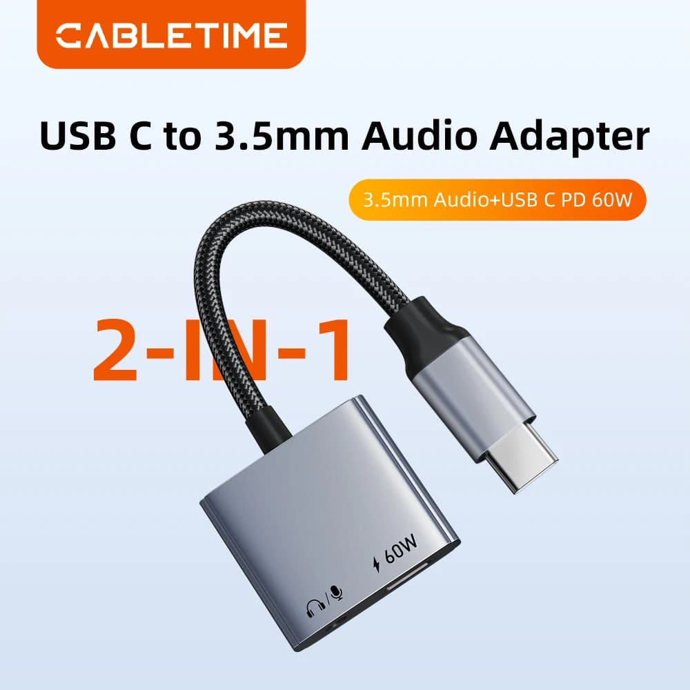 CABLETIME USB Type C Adapter USB C Headphone Charger 2-in-1 PD 60W USB C to 3.5 mm jack Adapter Hi-Fi for IPhone Xiaomi