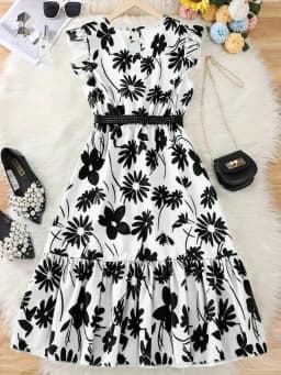 Chic Teenage Girl Green Floral Long Skirt with Belt - Casual Round Neck Ruffle Sleeves, Perfect for Summer, Teenage Jumpsuit
