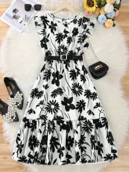 Chic Teenage Girl Green Floral Long Skirt with Belt - Casual Round Neck Ruffle Sleeves, Perfect for Summer, Teenage Jumpsuit