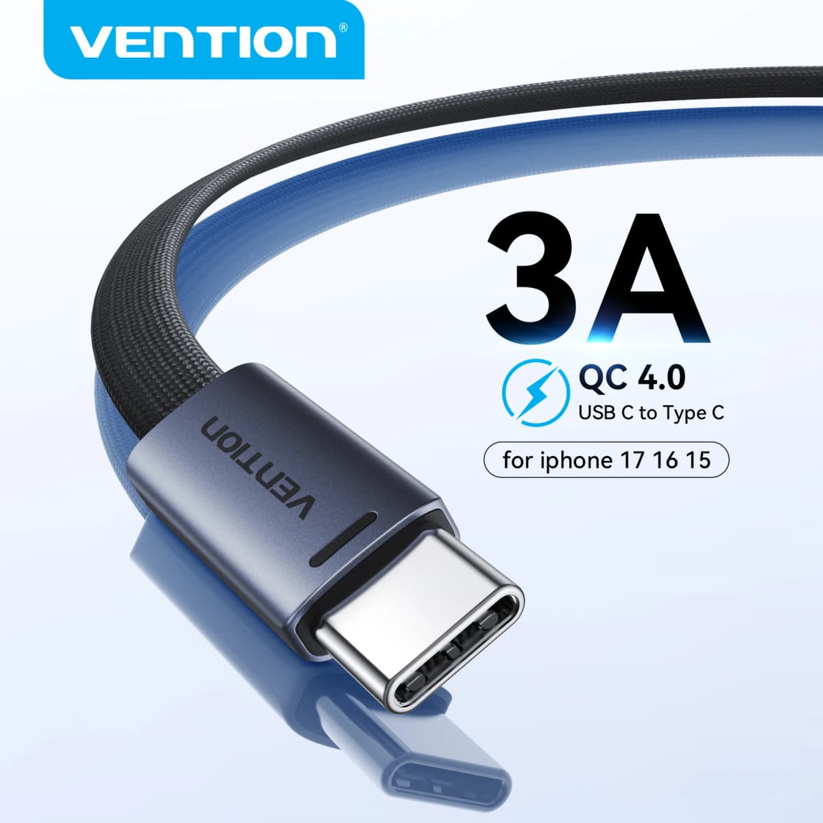 Vention Cable USB C to Type C 3A Ultra Thin Cable PD60W Fast Charging Cord Type-C Wire for iPhone 17 16 15 Samsung S24 Xiaomi 17