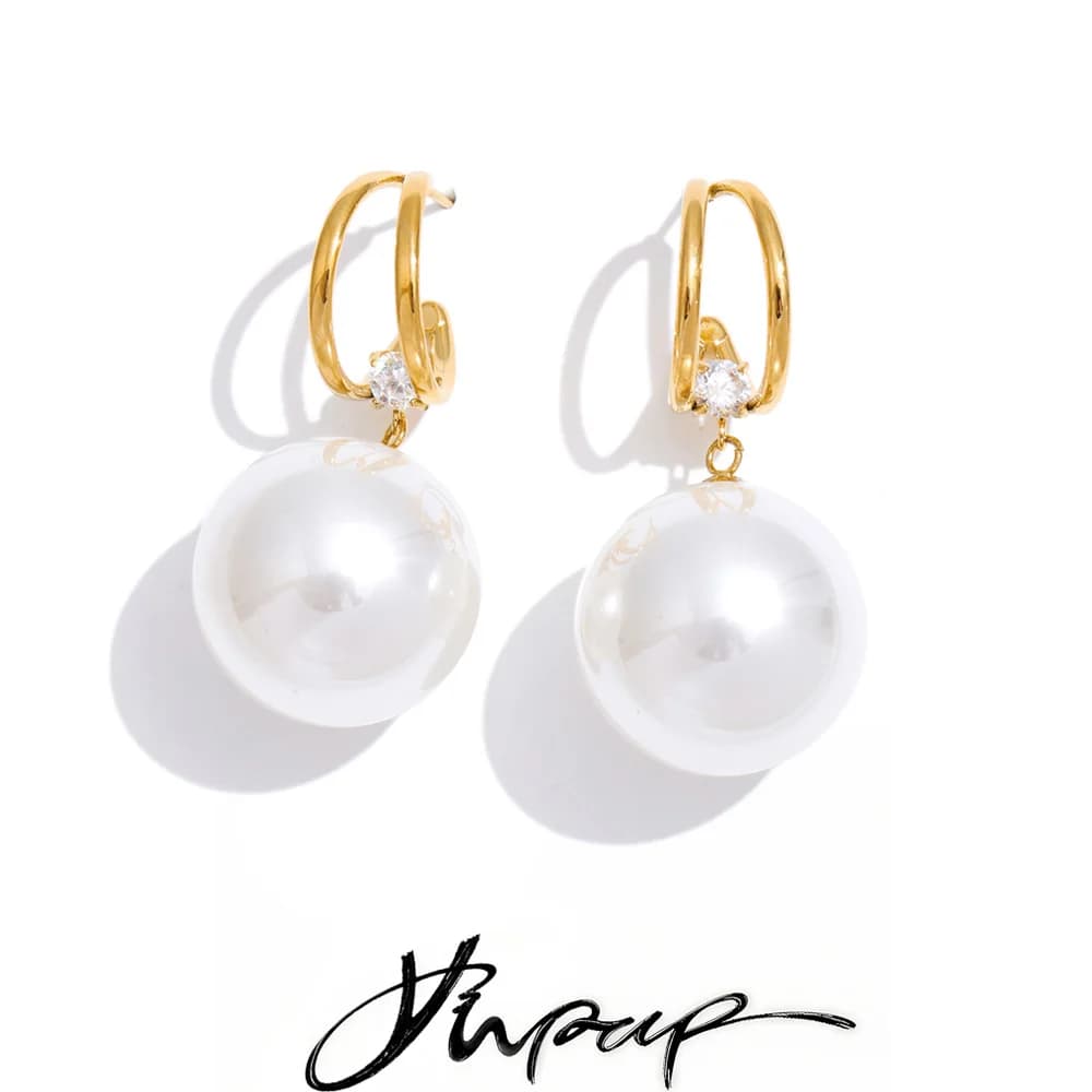 Yhpup 40*40mm Simulated Pearls Big Round Beads Earrings 2026 Stainless Steel Chic Attractive Korean Jewelry for Fashion Women