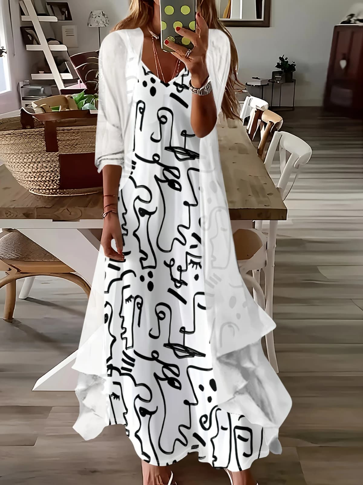 Print design casual style Abstract Black Line Art Design dress suit