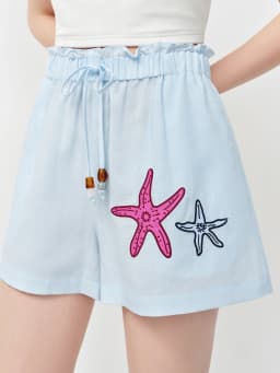 FSLE Linen Shirt Shorts Elastic Waist Trousers Three-piece Set Women Ocean Element Embroidery 2026 Summer Sun-protection Suit