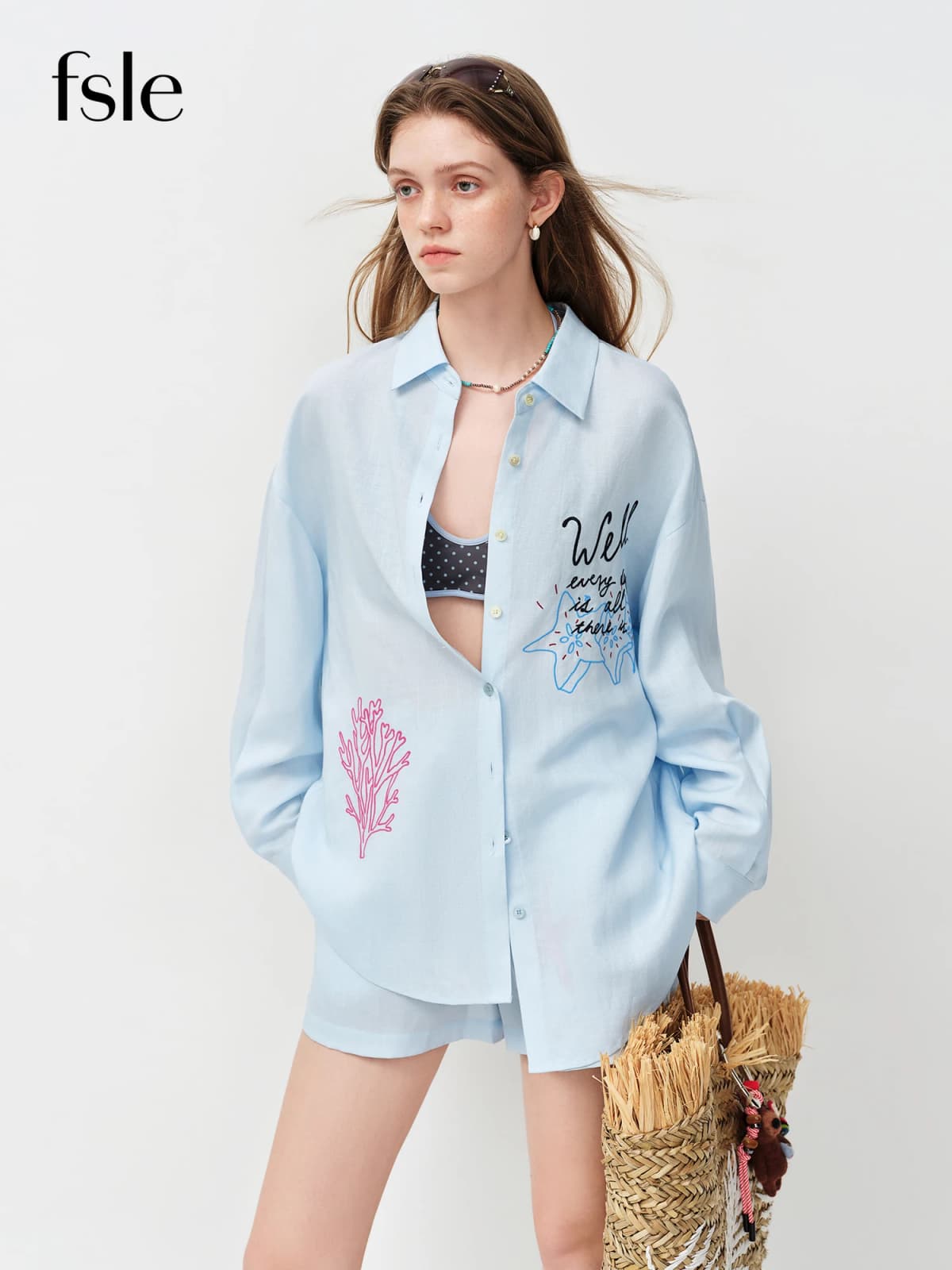 FSLE Linen Shirt Shorts Elastic Waist Trousers Three-piece Set Women Ocean Element Embroidery 2026 Summer Sun-protection Suit