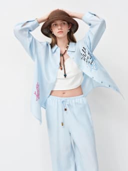 FSLE Linen Shirt Shorts Elastic Waist Trousers Three-piece Set Women Ocean Element Embroidery 2026 Summer Sun-protection Suit
