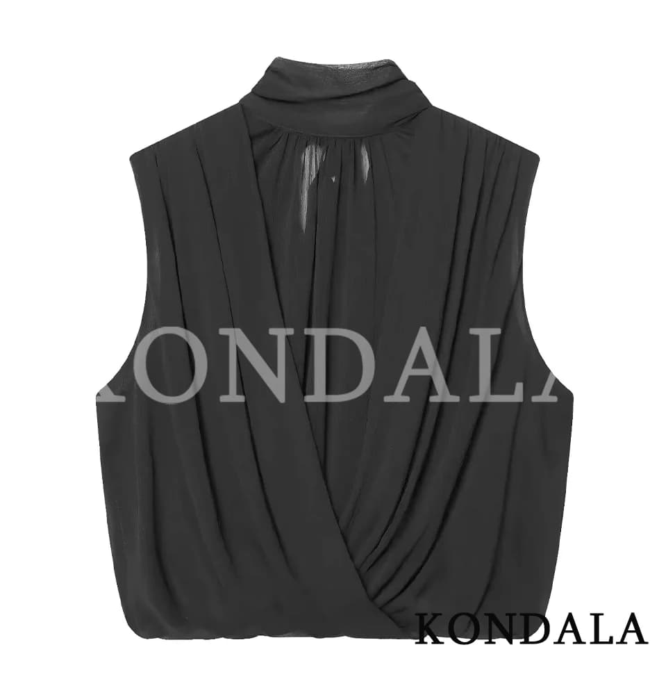KONDALA Elegant Pleated Balloon Tank Tops Women's Trendy Cross-Pleated Sleeveless Tops 2026 Spring Summer Fashion Semi-See Tops
