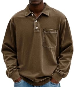 American Style Retro Old Dark Grey Long Sleeve Polo Shirt Loose Lapel Pocket Design Casual All-match Heavy Top for Men