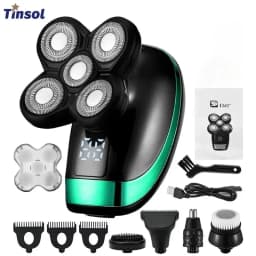 Tinsol 5 in 1 Men's Rechargeable Electric Shaver 5 Floating Head Beard, Nose and Whisker Trimmers 4D Skinhead Shaver Groomer