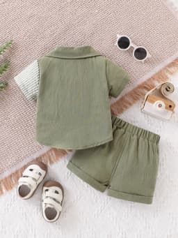 Baby Boy's Patchwork Striped Short-Sleeved Shirt and Shorts Set, Lightweight and Breathable, Summer Casual and Fashionable Outfit