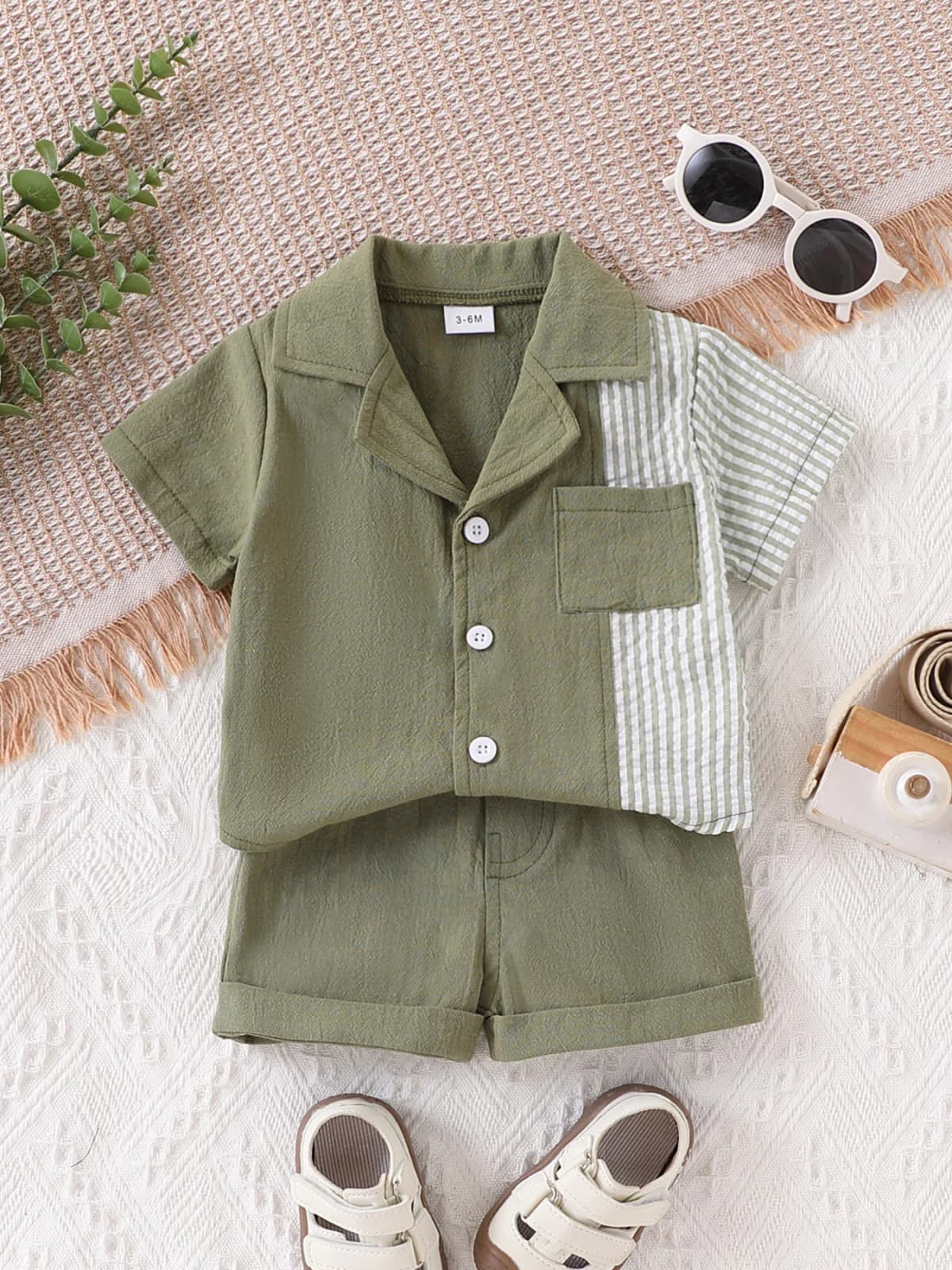 Baby Boy's Patchwork Striped Short-Sleeved Shirt and Shorts Set, Lightweight and Breathable, Summer Casual and Fashionable Outfit