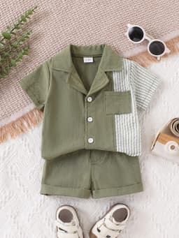 Baby Boy's Patchwork Striped Short-Sleeved Shirt and Shorts Set, Lightweight and Breathable, Summer Casual and Fashionable Outfit