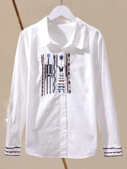 Designer-Inspired Niche Vertical Stripe Slim-Fit Pure Cotton Embroidered Shirt for Women, New Spring and Autumn Style, Versatile Ethnic Style Long-Sleeve Blouse