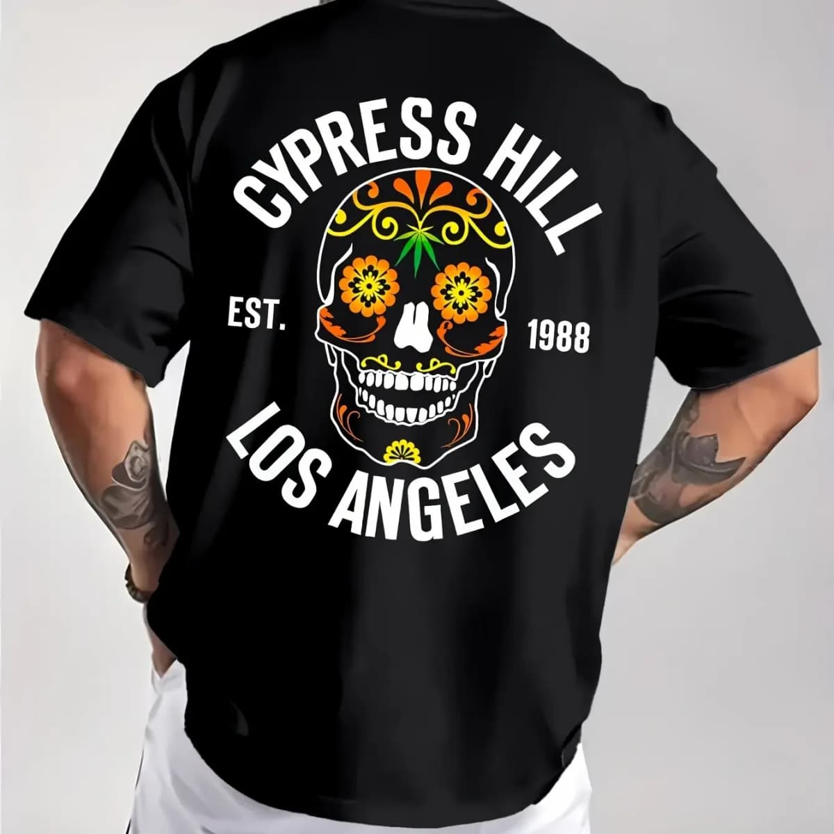 Los Angeles 1988 Sugar Skull Pattern Men's Pure Cotton T-shirt Hip Hop Street Top