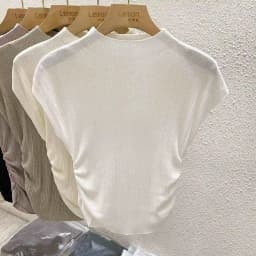 2026 Spring Summer Ice Silk Knit T-Shirt Half High Neck Waist Slimming Unique Design Slim Fit Short Sleeve Inner Tops