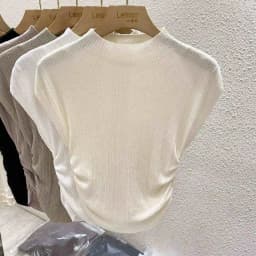 2026 Spring Summer Ice Silk Knit T-Shirt Half High Neck Waist Slimming Unique Design Slim Fit Short Sleeve Inner Tops