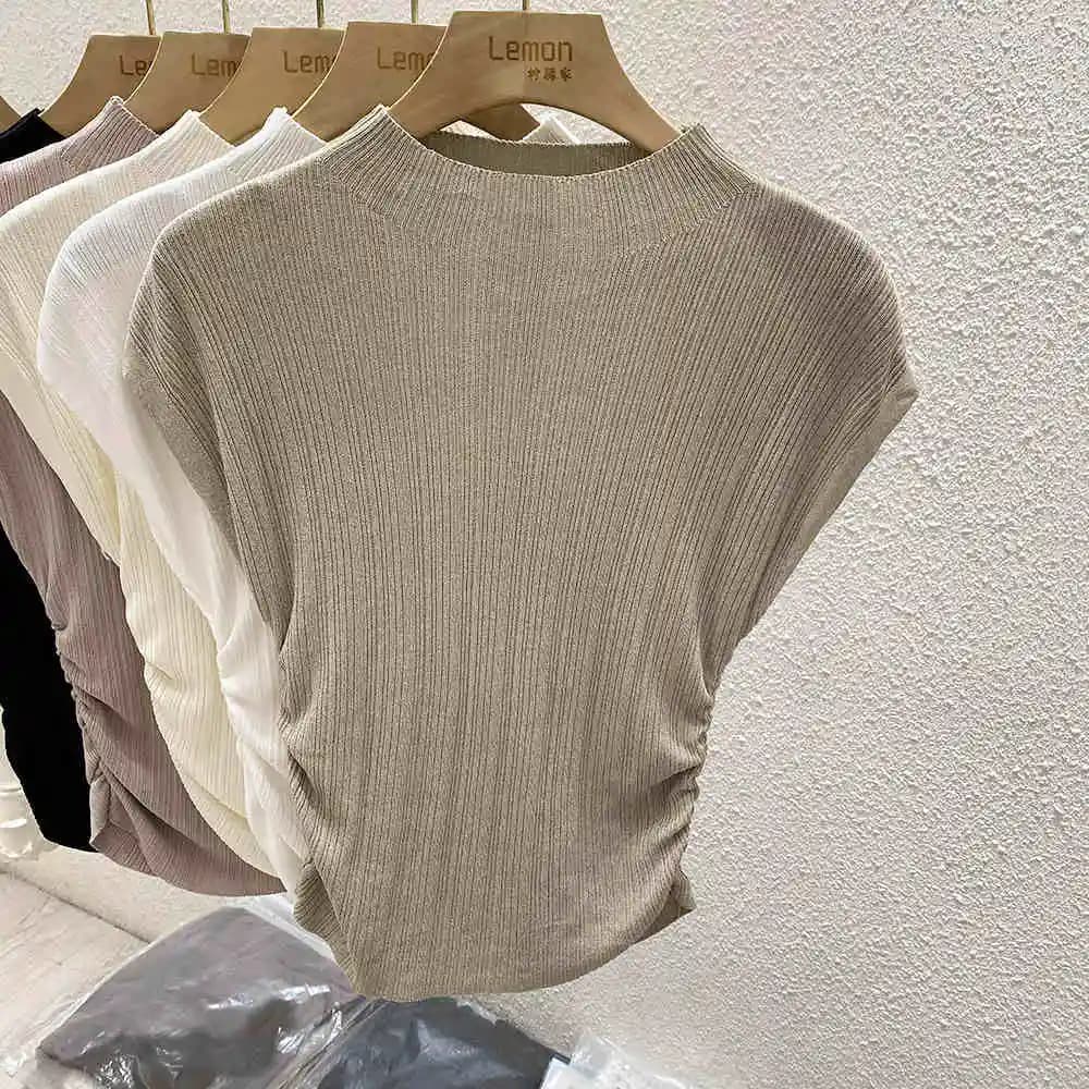 2026 Spring Summer Ice Silk Knit T-Shirt Half High Neck Waist Slimming Unique Design Slim Fit Short Sleeve Inner Tops