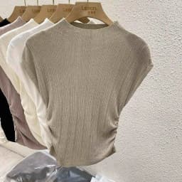 2026 Spring Summer Ice Silk Knit T-Shirt Half High Neck Waist Slimming Unique Design Slim Fit Short Sleeve Inner Tops