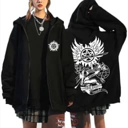 Supernatural Merch Zipper Hoodie Men Women Gothic Rock Oversized Zip Up Jacket Male Casual Retro Fleece Cotton Zip Up Sweatshirt