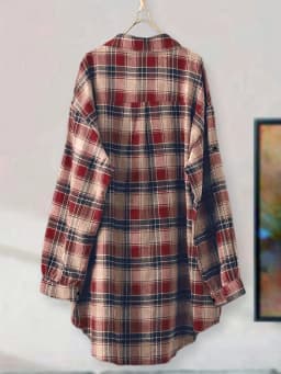 Women's Vintage Red Plaid Long Shirt Dress, Casual Loose Fit Button Down Blouse, Roll Up Long Sleeve Lapel Collar Pocketed Tunic