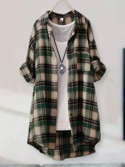 Women's Vintage Red Plaid Long Shirt Dress, Casual Loose Fit Button Down Blouse, Roll Up Long Sleeve Lapel Collar Pocketed Tunic