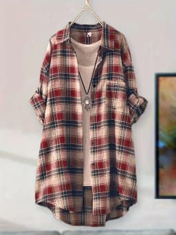 Women's Vintage Red Plaid Long Shirt Dress, Casual Loose Fit Button Down Blouse, Roll Up Long Sleeve Lapel Collar Pocketed Tunic