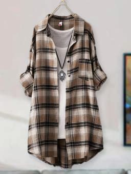 Women's Vintage Red Plaid Long Shirt Dress, Casual Loose Fit Button Down Blouse, Roll Up Long Sleeve Lapel Collar Pocketed Tunic