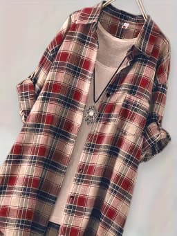 Women's Vintage Red Plaid Long Shirt Dress, Casual Loose Fit Button Down Blouse, Roll Up Long Sleeve Lapel Collar Pocketed Tunic