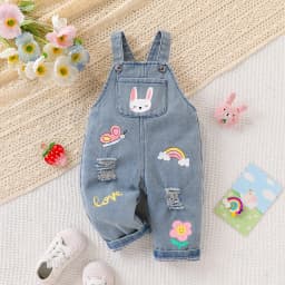 Cute Cartoon Children's Denim Overalls with Ripped Design, Rabbit, Butterfly, and Flower Prints, Soft and Comfortable, Stylish for Outdoor Wear, Unisex Baby Jumpsuit