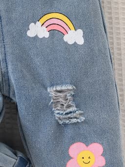 Cute Cartoon Children's Denim Overalls with Ripped Design, Rabbit, Butterfly, and Flower Prints, Soft and Comfortable, Stylish for Outdoor Wear, Unisex Baby Jumpsuit