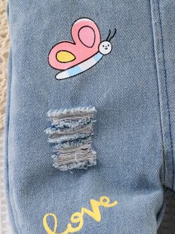 Cute Cartoon Children's Denim Overalls with Ripped Design, Rabbit, Butterfly, and Flower Prints, Soft and Comfortable, Stylish for Outdoor Wear, Unisex Baby Jumpsuit