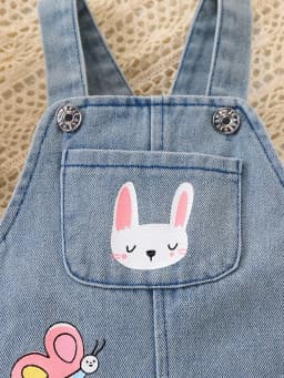 Cute Cartoon Children's Denim Overalls with Ripped Design, Rabbit, Butterfly, and Flower Prints, Soft and Comfortable, Stylish for Outdoor Wear, Unisex Baby Jumpsuit