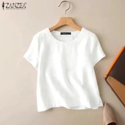 ZANZEA Summer Casual Cotton Blouses for Woman O-Neck Short Sleeve Side Slit Thin Tops Day Wear Solid Color Blusas de Mujer