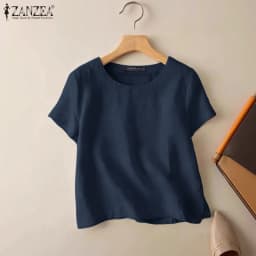ZANZEA Summer Casual Cotton Blouses for Woman O-Neck Short Sleeve Side Slit Thin Tops Day Wear Solid Color Blusas de Mujer