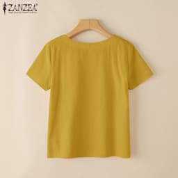 ZANZEA Summer Casual Cotton Blouses for Woman O-Neck Short Sleeve Side Slit Thin Tops Day Wear Solid Color Blusas de Mujer