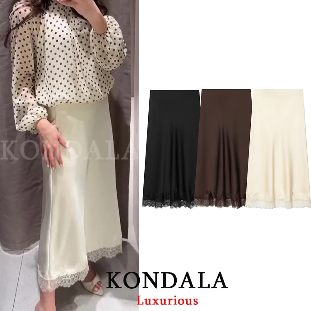 KONDALA Vintage Chic Satin Women Long Lace Skirts High Waist Straight Midi Party Skirt Fashion 2026 Spring Summer Elegant Skirt