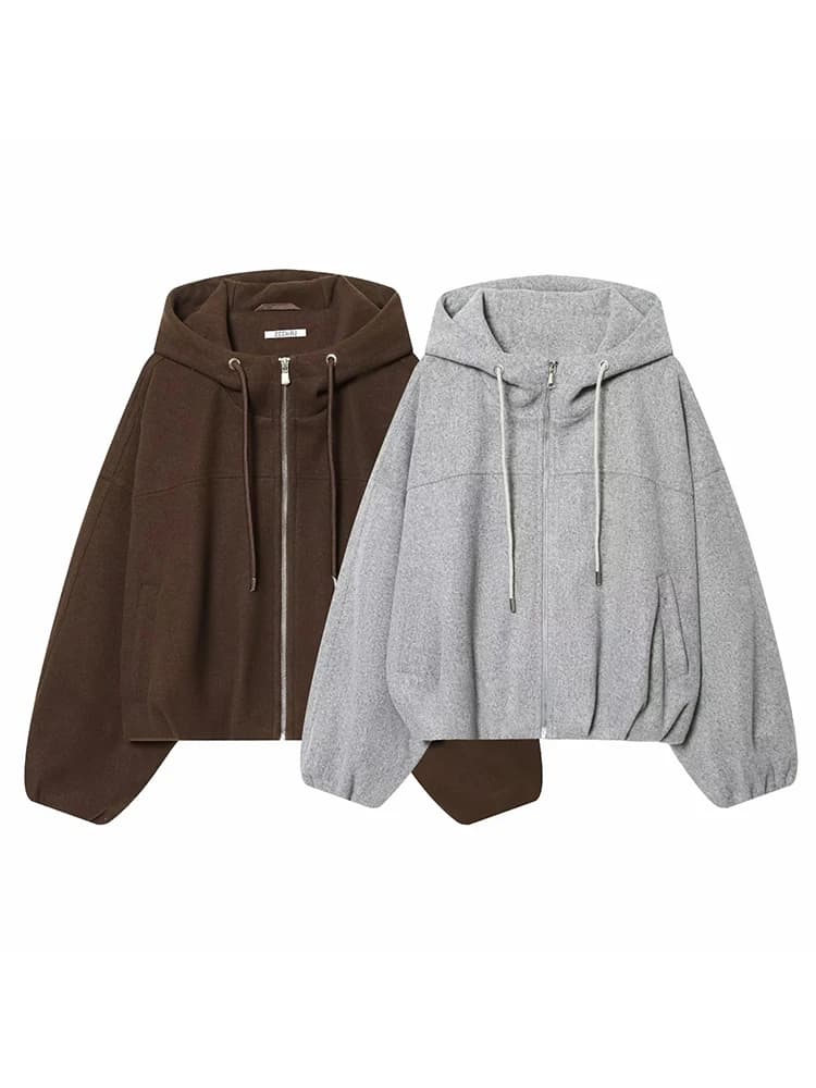 Women Fashion Loose Drawstring Zipper Hooded Jacket Female High Street Casual Long-Sleeved Solid Pockets Jacket