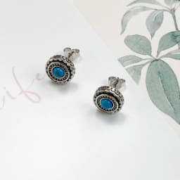 Round Turquoise Ethno Studs Earrings Pure 925 Sterling Silver Vintage Jewerly Gift For Women Men