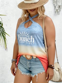Plus Size Women's Tank Top Halter Cross Ombre Letter Print Slim Tops Casual Tank Top Spring Summer Beach Soft Tops