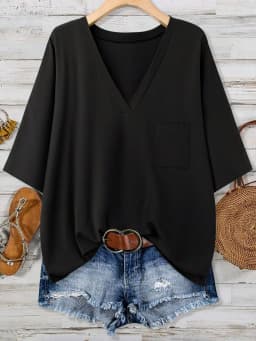 Plus Size Women's V Neck T-Shirt Half Sleeve Pocket Front Twist Hem Casual Loose Fit Top