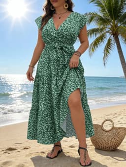 Plus Size Floral Print V Neck Dress, Casual Fashion Dress for Daily Outdoor Wear, Women Plus Clothing for All Seasons