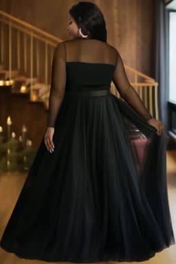 Plus Size Black Tulle Maxi Dress Women Sheer Mesh Long Sleeve Sweetheart Neck Belted Formal Evening Gown