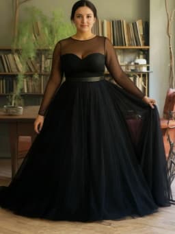 Plus Size Black Tulle Maxi Dress Women Sheer Mesh Long Sleeve Sweetheart Neck Belted Formal Evening Gown
