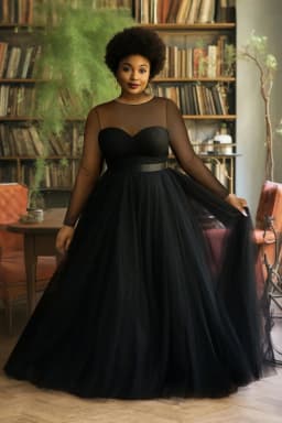 Plus Size Black Tulle Maxi Dress Women Sheer Mesh Long Sleeve Sweetheart Neck Belted Formal Evening Gown