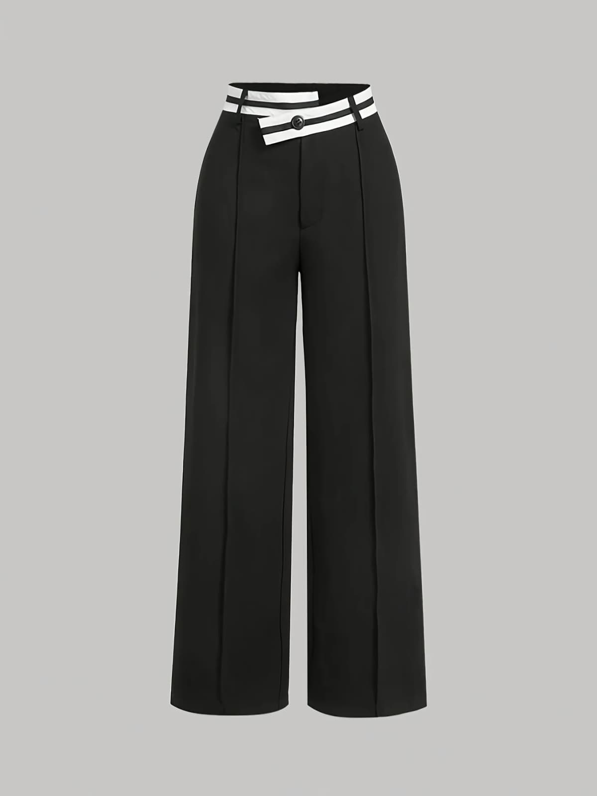 2026 Spring New Collection Black and White Contrast Waistband Wide-Leg Suit Pants Asymmetrical Striped High-Waist Straight-Leg Pants Plus Size Women's Workwear Office Outfit
